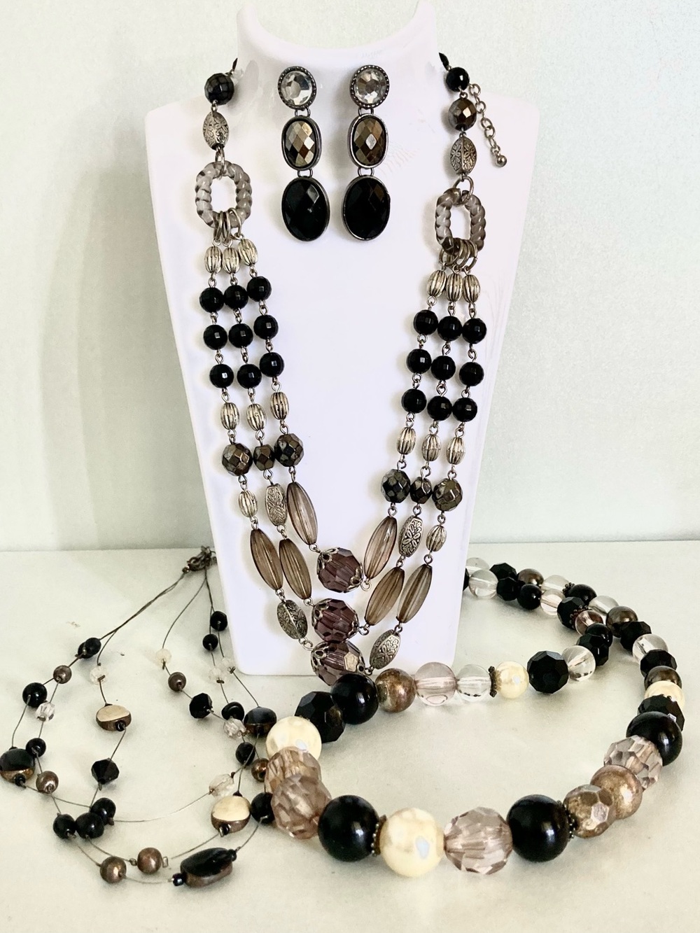Elegant Black and Smoky Bead Necklace Set with Earrings bundle of 4 jewelry
